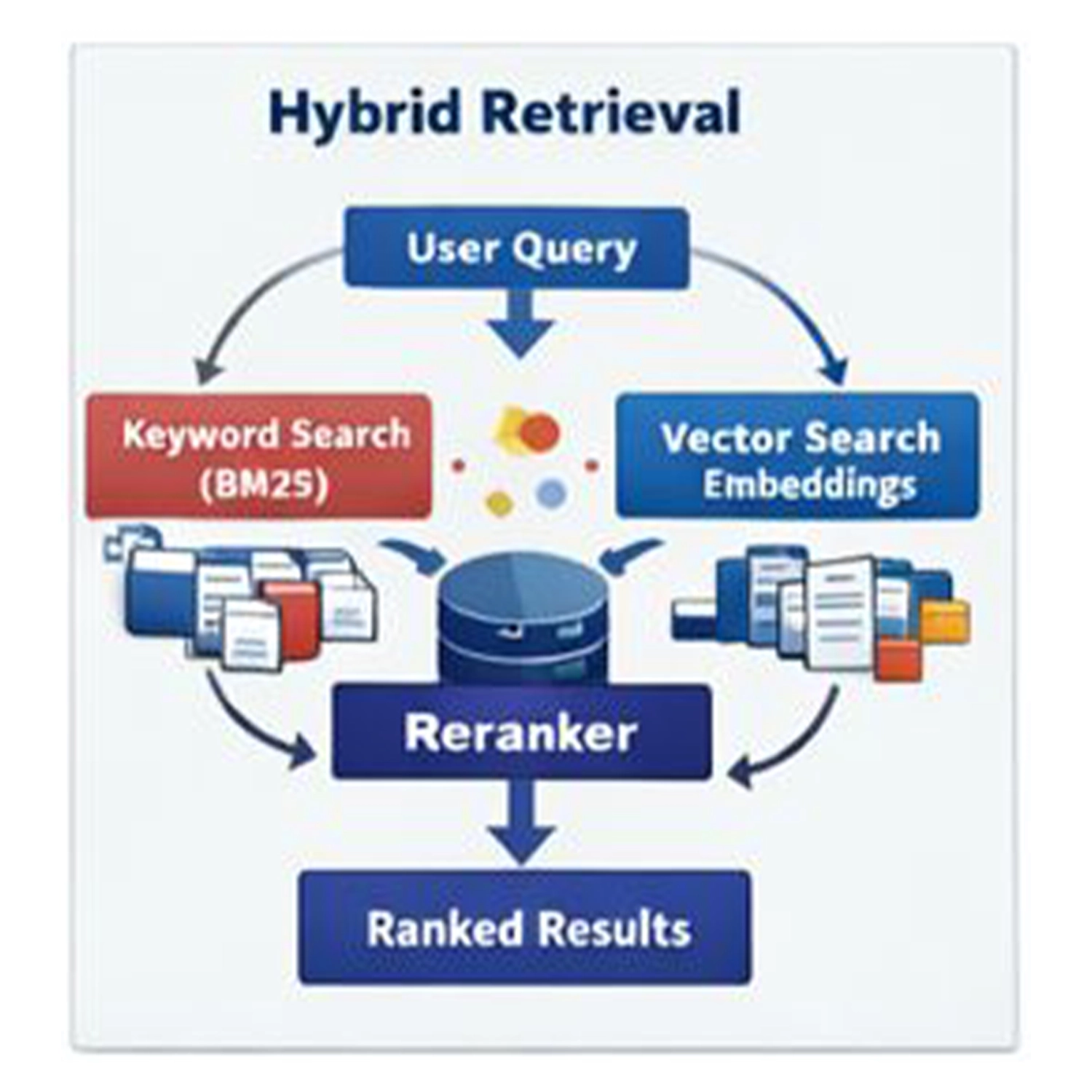 A visual concept of Retrieval-Augmented Generation (RAG): search + context + grounded response